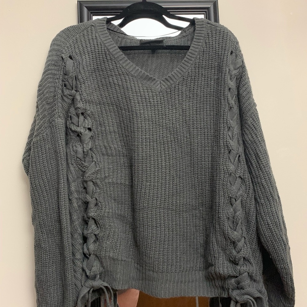 Lane Bryant V-neck grey sweater with ties.